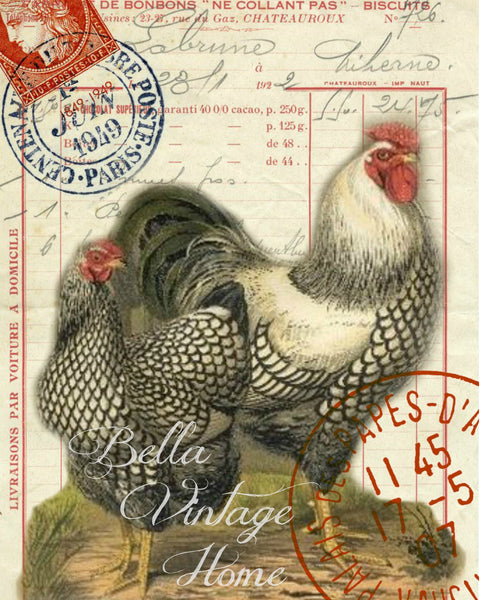 Animal  Tea  Towel  Black & White Roosters - BELLAVINTAGEHOME