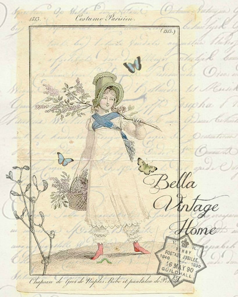 Botanical Garden Girl 1 Print, Pillow, Note Cards, Tea Towel, Digital Download - BELLAVINTAGEHOME
