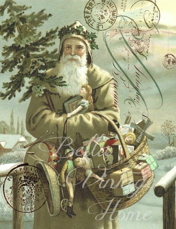 Vintage Art Collection Paper Christmas Woodland Taupe Santa Print, Pillow, Note Cards, Tea Towel, Digital Download - BELLAVINTAGEHOME