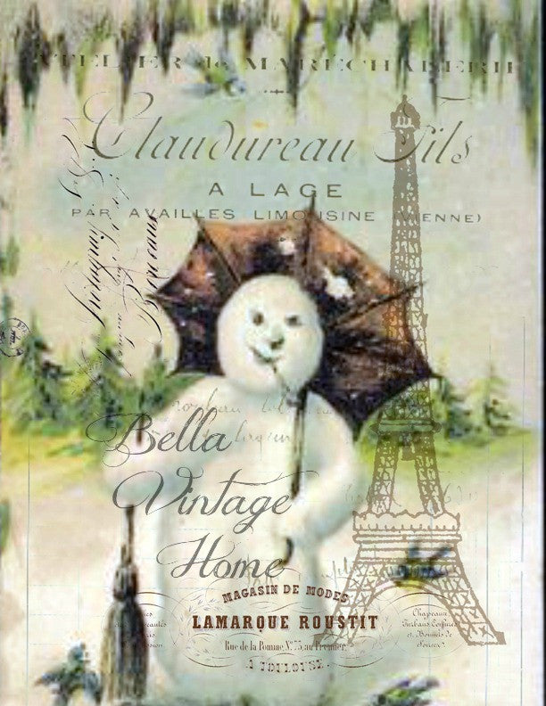 Vintage Art Collection Paper Christmas Woodland Snowman Print, Pillow, Note Cards, Tea Towel, Digital Download - BELLAVINTAGEHOME
