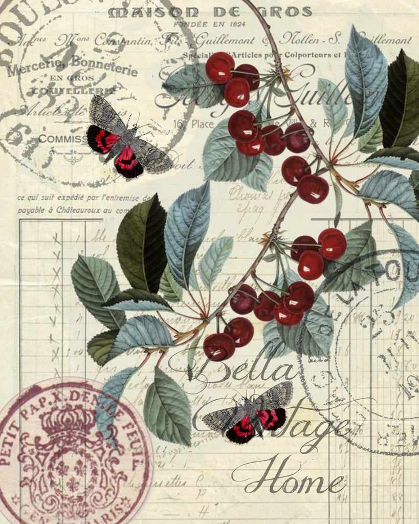 Botanical Red Cherry Print, Pillow, Note Cards, Tea Towel-digital-download - BELLAVINTAGEHOME