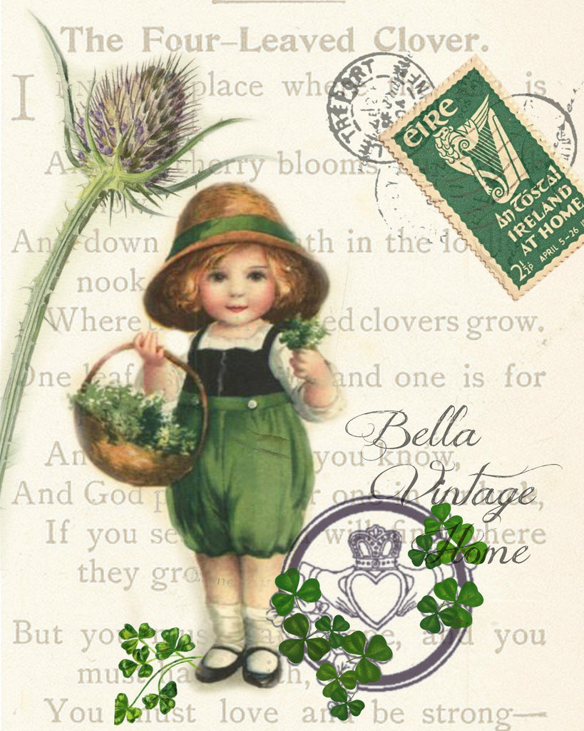 Four Leaf Clover Print, Pillow, Note Cards, Tea Towel, Digital Download - BELLAVINTAGEHOME