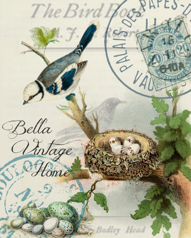 Botanical Blue Bird with Nest Print, Pillow, Note Cards, Tea Towel, Digital Download - BELLAVINTAGEHOME