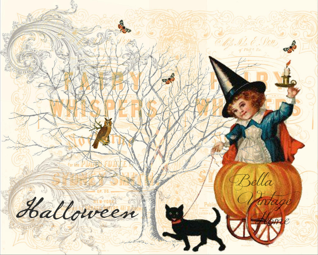 Halloween girl with Cart "Fairy Whispers" Print, Pillow, Note Cards, Tea Towel, Digital Download - BELLAVINTAGEHOME