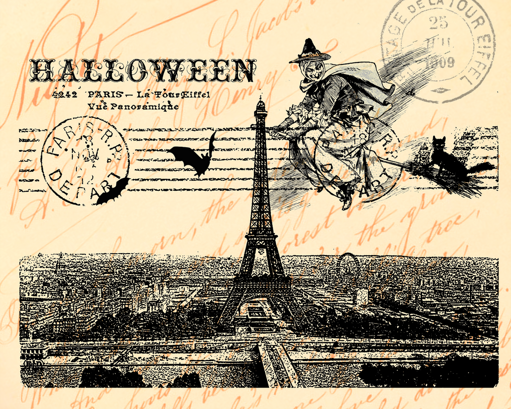 Halloween Paris Witch Print, Pillow, Note Cards, Tea Towel, Digital Download - BELLAVINTAGEHOME