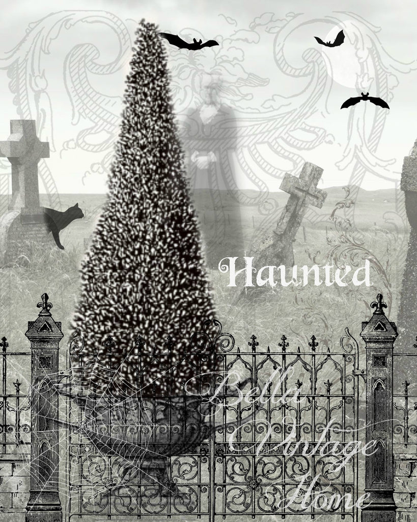 Gothic Haunted Graveyard Print, Pillow, Note Cards, Tea Towel, Digital Download - BELLAVINTAGEHOME