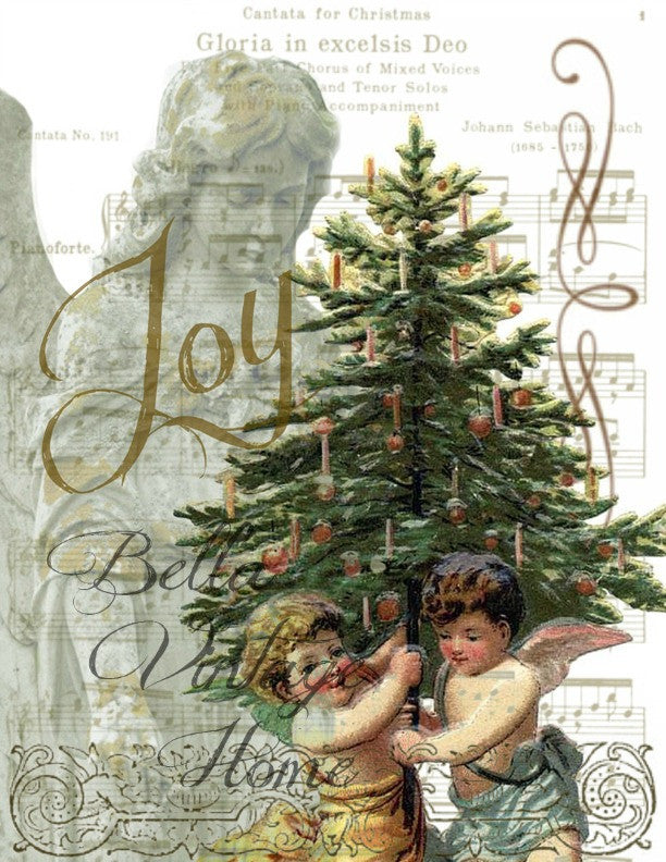 Vintage Art Collection Paper Christmas Joy Angels Print, Pillow, Note Cards, Tea Towel, Digital Download - BELLAVINTAGEHOME