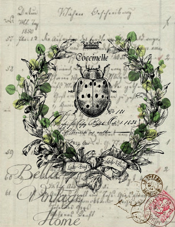 French Ladybug Print, Pillow, Note Cards, Tea Towel, Digital Download - BELLAVINTAGEHOME