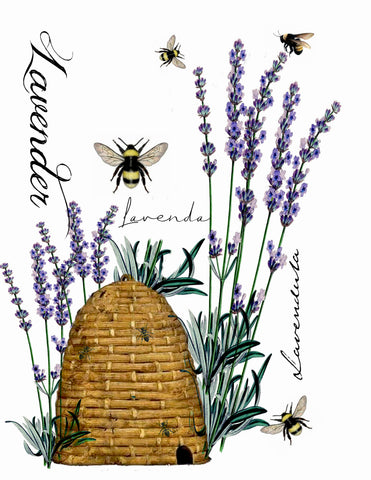 French Lavender and Bee  Floral Print, Pillow, Note Cards, Tea Towel, Digital Download - BELLAVINTAGEHOME
