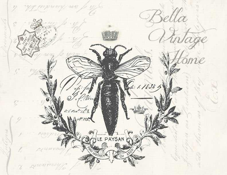 Botanical French Bee Print, Pillow, Note Cards, Tea Towel, Digital Download - BELLAVINTAGEHOME