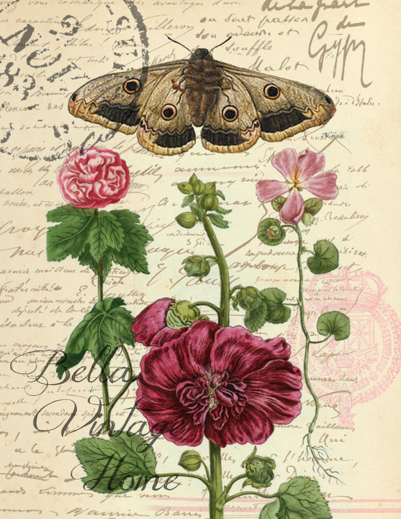 Moth and Flower Print, Pillow, Note Cards, Tea Towel, Digital Download - BELLAVINTAGEHOME