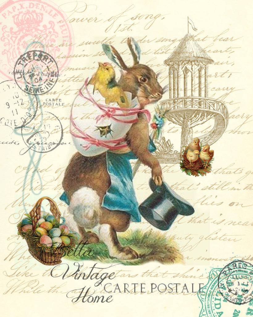 Mother Rabbit with Chick Easter Print,  Pillow, Note Cards, Tea Towel, Digital Download - BELLAVINTAGEHOME