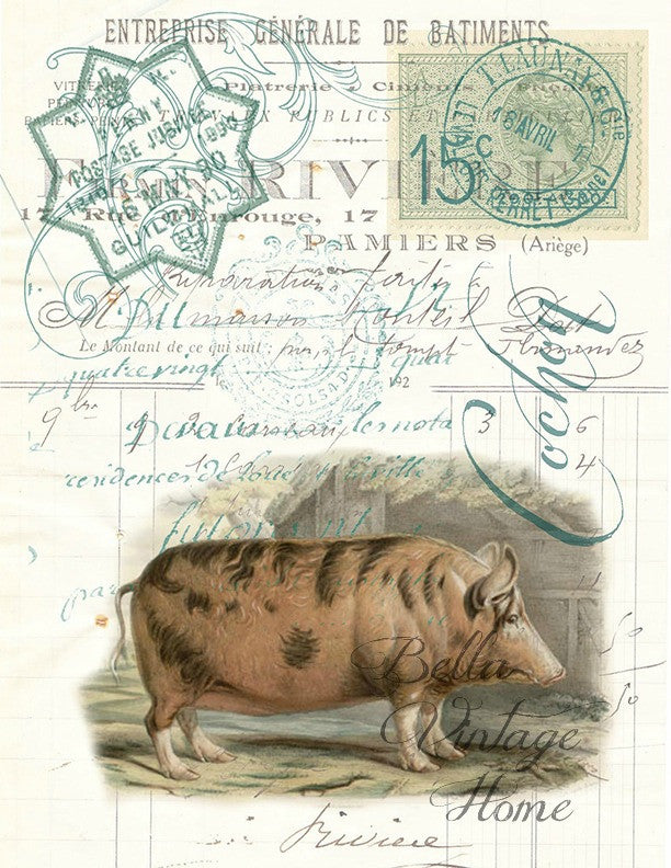 Farm Animal Pig Botanical Print, Pillow, Note Cards, Tea Towel, Digital Download - BELLAVINTAGEHOME