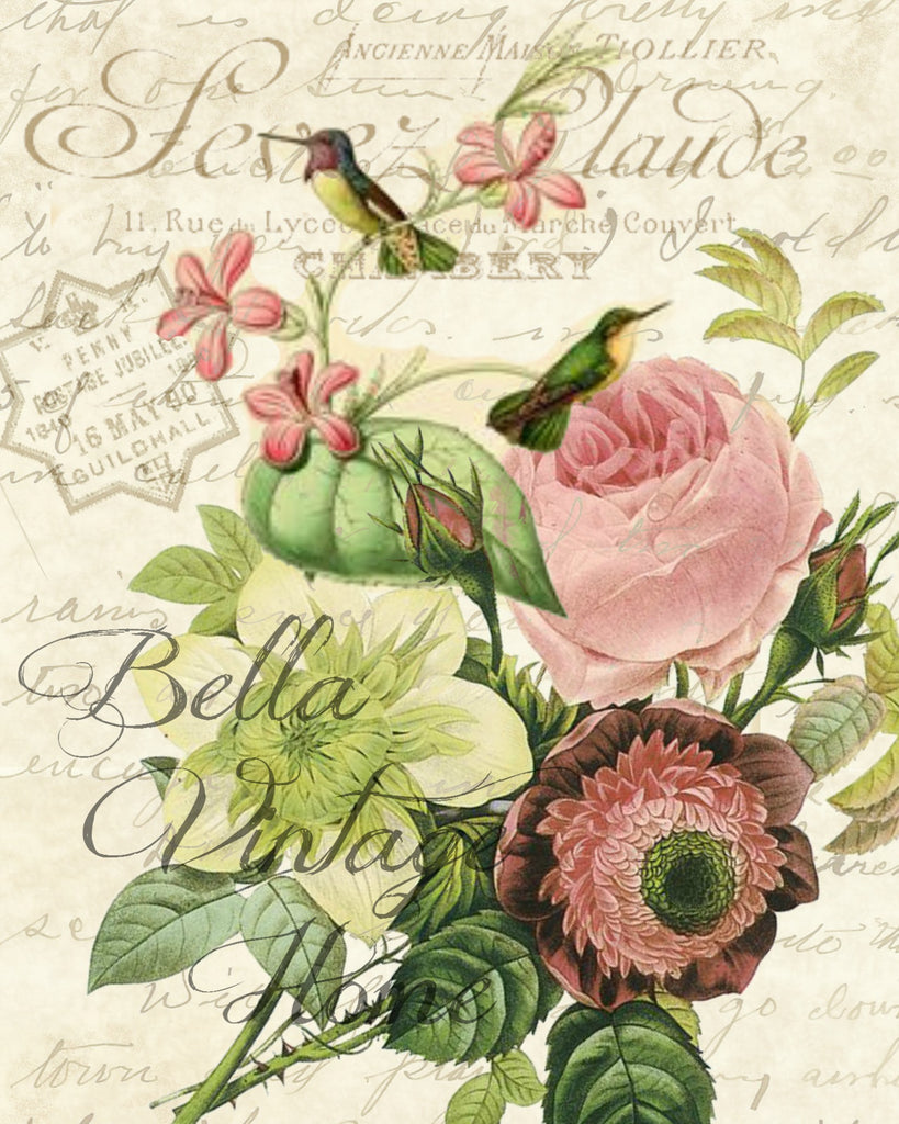 Botanical Pink Hummingbird Print, Pillow, Note Cards, Tea Towel, Digital Download - BELLAVINTAGEHOME