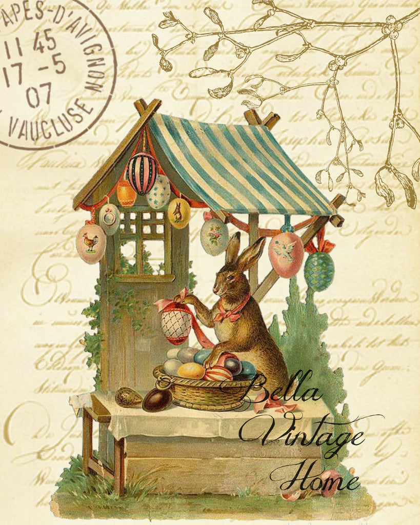 Rabbit with Egg Garland Print,  Pillow, Note Cards, Tea Towel, Digital Download - BELLAVINTAGEHOME