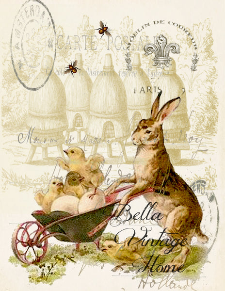 Rabbit with Wheel barrel Print, Pillow, Note Cards, Tea Towel, Digital Download - BELLAVINTAGEHOME