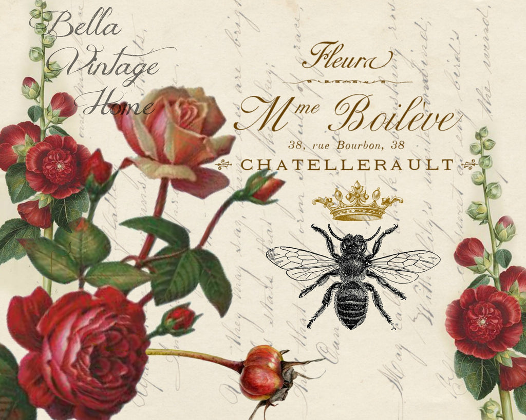 Red Roses and Bee Print, Pillow, Note Cards, Tea Towel, Digital Download - BELLAVINTAGEHOME