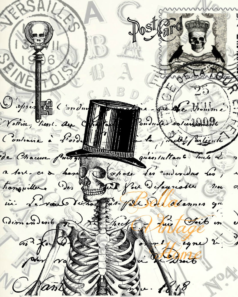 Gothic Skeleton Postcard Print, Pillow, Note Cards, Tea Towel, Digital Download - BELLAVINTAGEHOME