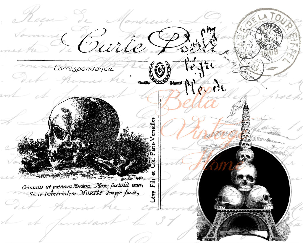 Gothic Skeleton Eiffel Tower Print, Pillow, Note Cards, Tea Towel, Digital Download - BELLAVINTAGEHOME