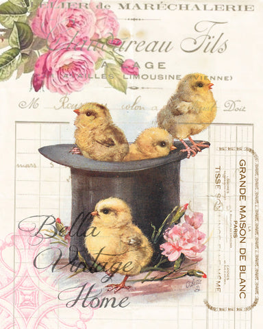 Top Hat Chicks Chicks Print,  Pillow, Note Cards, Tea Towel, Digital Download - BELLAVINTAGEHOME