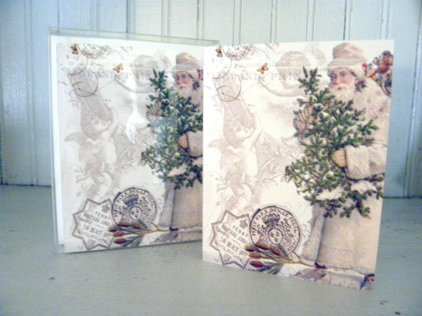 Vintage Art Collection Paper  Christmas Santa with Angels Print,  Pillow, Note Cards, Tea Towel, Digital Download - BELLAVINTAGEHOME