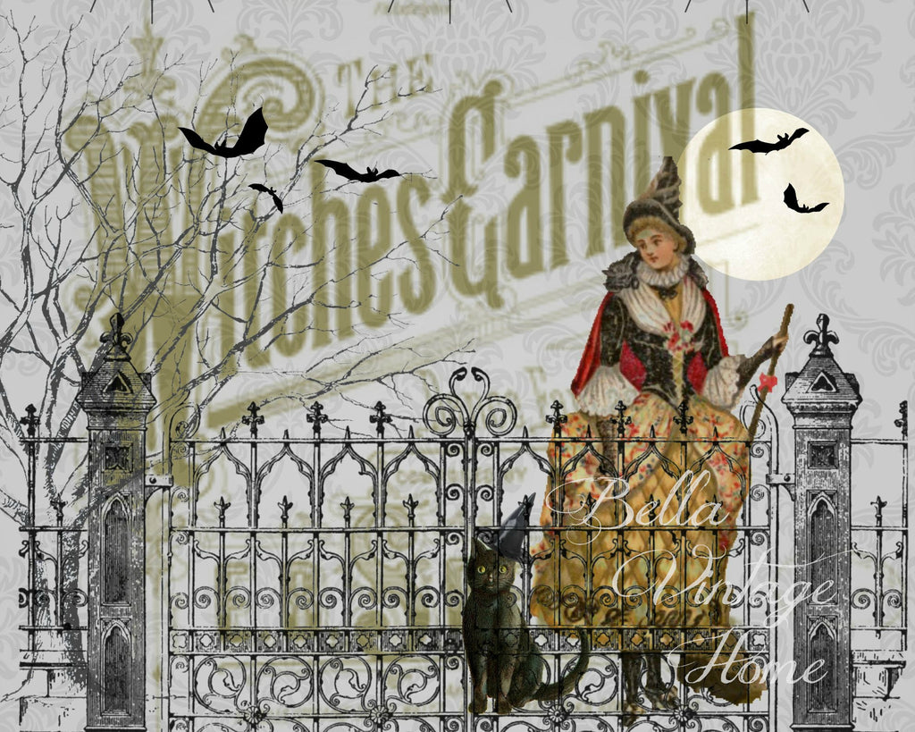 Halloween Witches Carnival Print, Pillow, Note Cards, Tea Towel, Digital Download - BELLAVINTAGEHOME