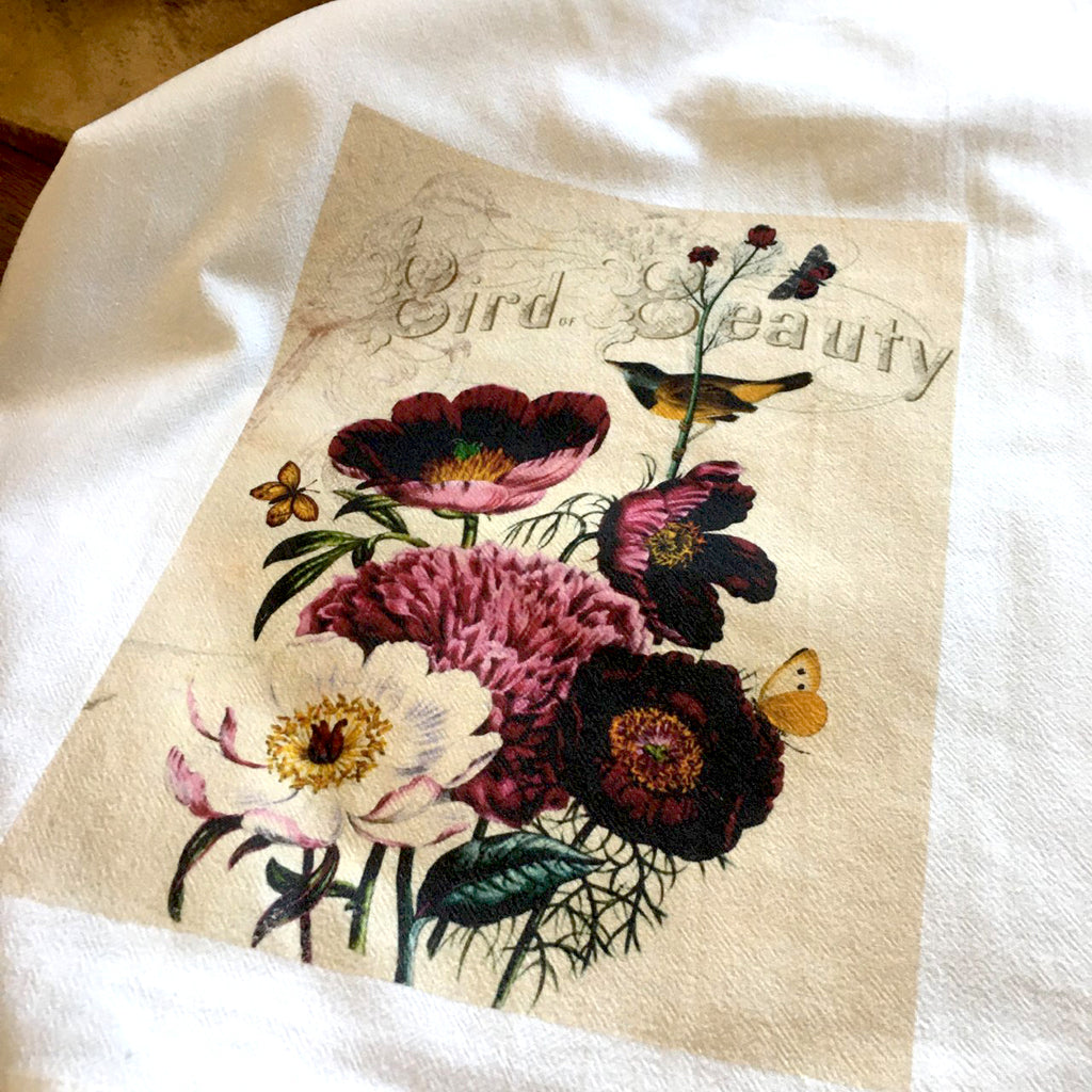 Bird Tea Towel Finch with Anemone - BELLAVINTAGEHOME