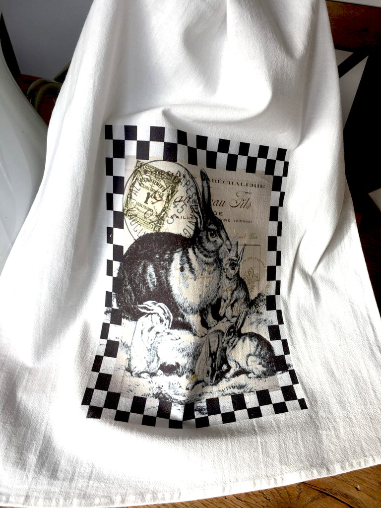 Black and White Rabbit family Tea Towel - BELLAVINTAGEHOME