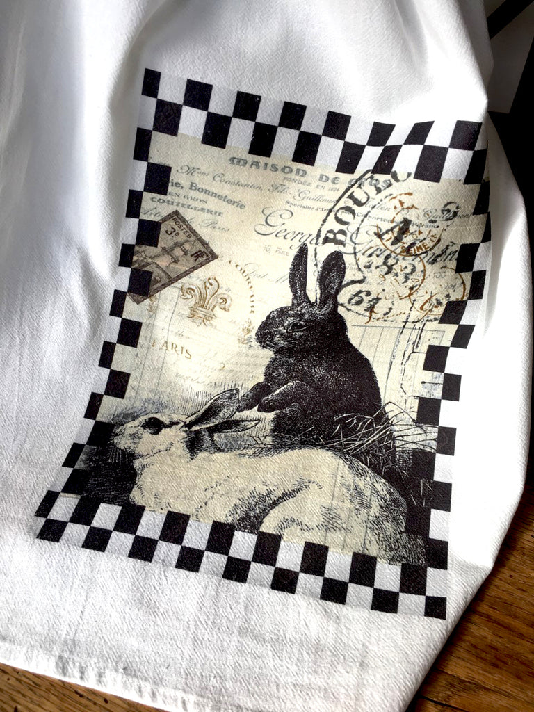 Sitting Black and White Rabbits Tea Towel - BELLAVINTAGEHOME