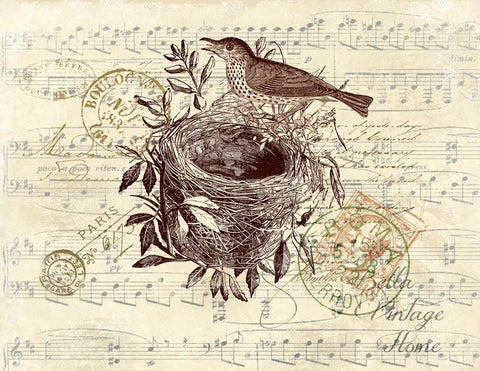 Botanical  Brown  Barn Bird with Nest Print, Pillow, Note Cards, Tea Towel, Digital Download - BELLAVINTAGEHOME