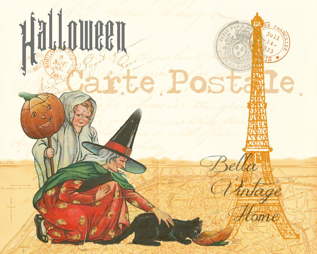 Halloween Witch and Kitty Carte Postale Print, Pillow, Note Cards, Tea Towel, Digital Download - BELLAVINTAGEHOME