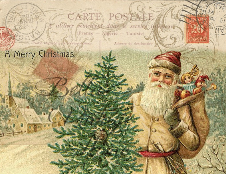 Vintage Art Collection Paper Christmas Cream Santa Print, Pillow, Note Cards, Tea Towel, Digital Download - BELLAVINTAGEHOME