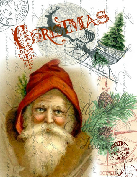 Vintage Art Collection Paper  Christmas Santa and Sleigh Print,  Pillow, Note Cards, Tea Towel, Digital Download - BELLAVINTAGEHOME