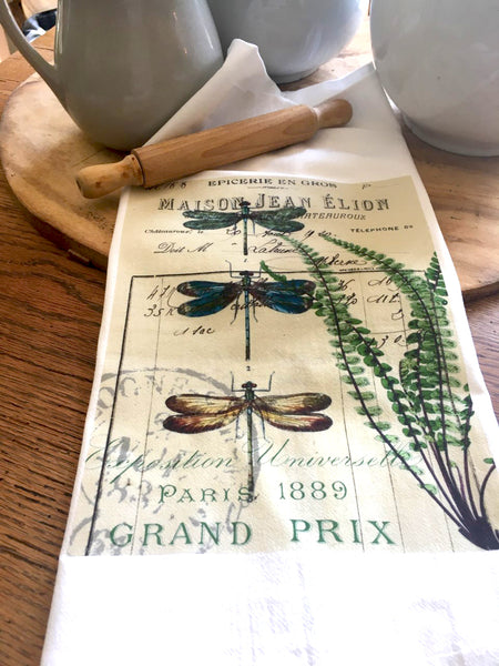 Botanical Blue Dragonflies and Fern Print,  Pillow, Note Cards, Tea Towel, Digital Download - BELLAVINTAGEHOME