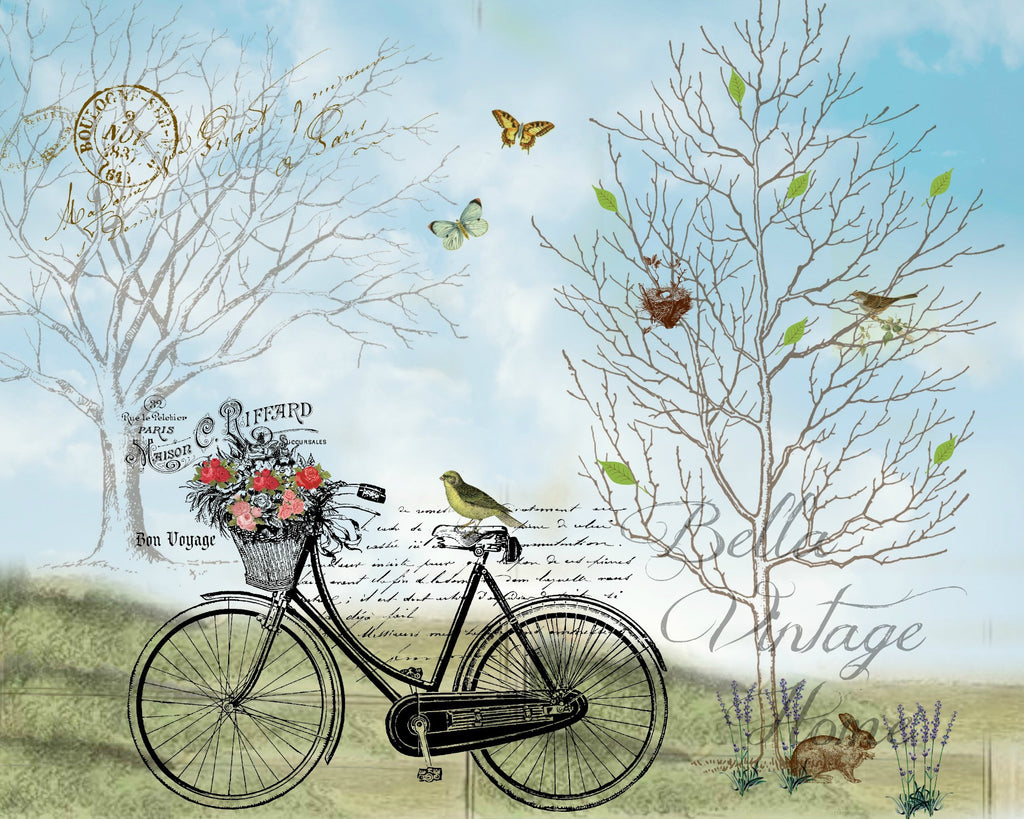 Botanical French Bicycle Print, Pillow, Note Cards, Tea Towel, Digital Download - BELLAVINTAGEHOME