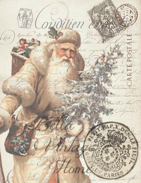 Vintage Art Collection Paper  Christmas Ivory Santa Print,  Pillow, Note Cards, Tea Towel, Digital Download - BELLAVINTAGEHOME