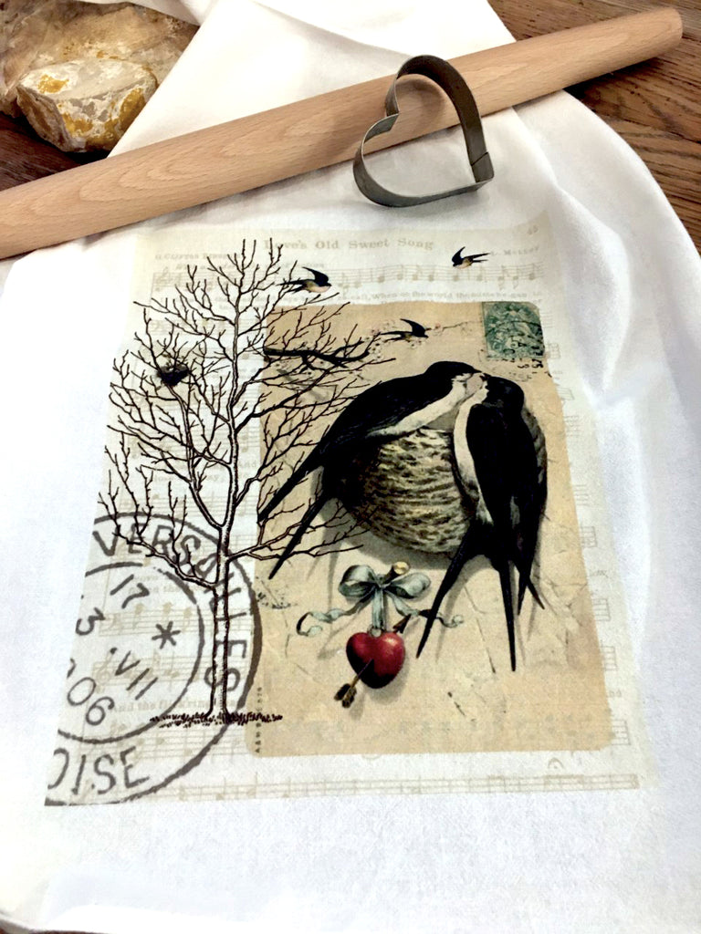 Tea Towel-Valentine Swallows - BELLAVINTAGEHOME