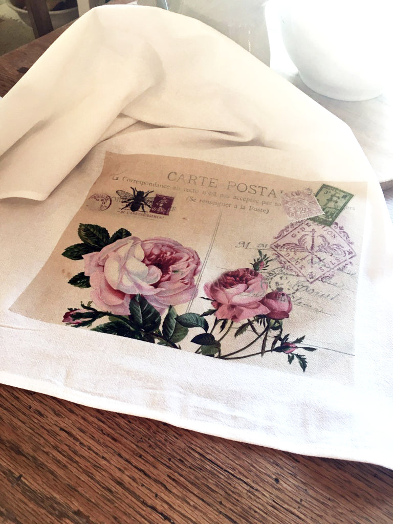 Floral Tea Towel Pink Roses Carte Postale - BELLAVINTAGEHOME