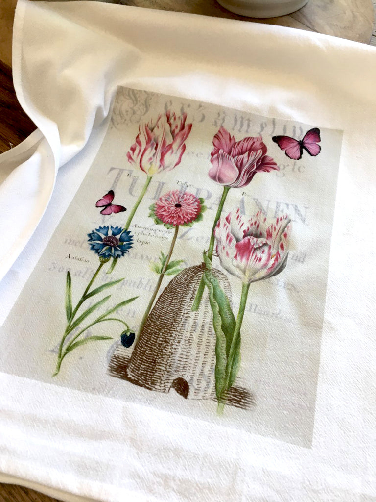 Floral Tea Towel Pink Tulips - BELLAVINTAGEHOME