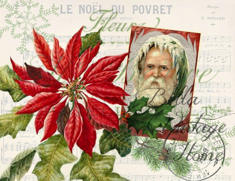 Vintage Art Collection Paper Christmas Poinsettia Print, Pillow, Note Cards, Tea Towel, Digital Download - BELLAVINTAGEHOME
