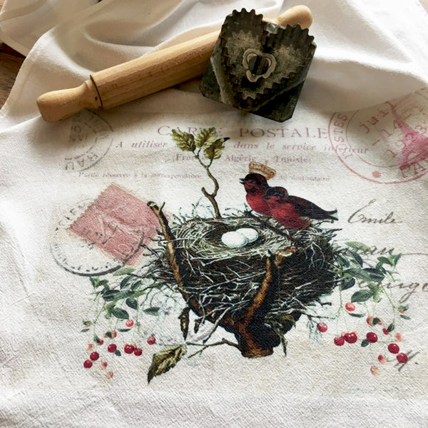 Valentine-Red Bird Carte Postale  Print, Pillow, Notecards, Tea Towel, Digital Download - BELLAVINTAGEHOME