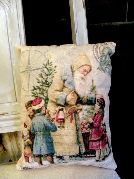 Vintage Art Collection Paper  Christmas Santa with Children  Print,  Pillow, Note Cards, Tea Towel, Digital Download - BELLAVINTAGEHOME