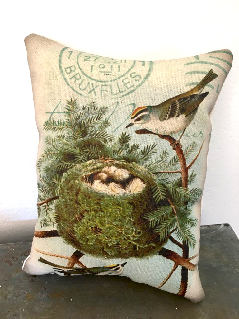 Pillow-Bird with Nest and Pine - BELLAVINTAGEHOME