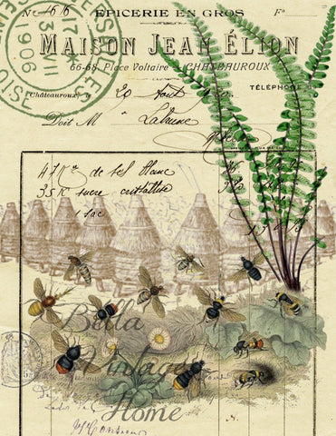 Botanical Bee Skeps and Fern Print,  Pillow, Note Cards, Tea Towel, Digital Download - BELLAVINTAGEHOME