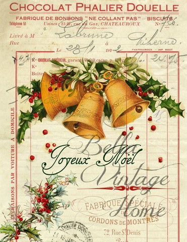 Vintage Art Collection Paper  Christmas Bells Print,  Pillow, Note Cards, Tea Towel, Digital Download - BELLAVINTAGEHOME