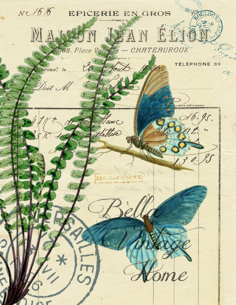 Botanical Blue Butterflies and Fern Print,  Pillow, Note Cards, Tea Towel, Digital Download - BELLAVINTAGEHOME