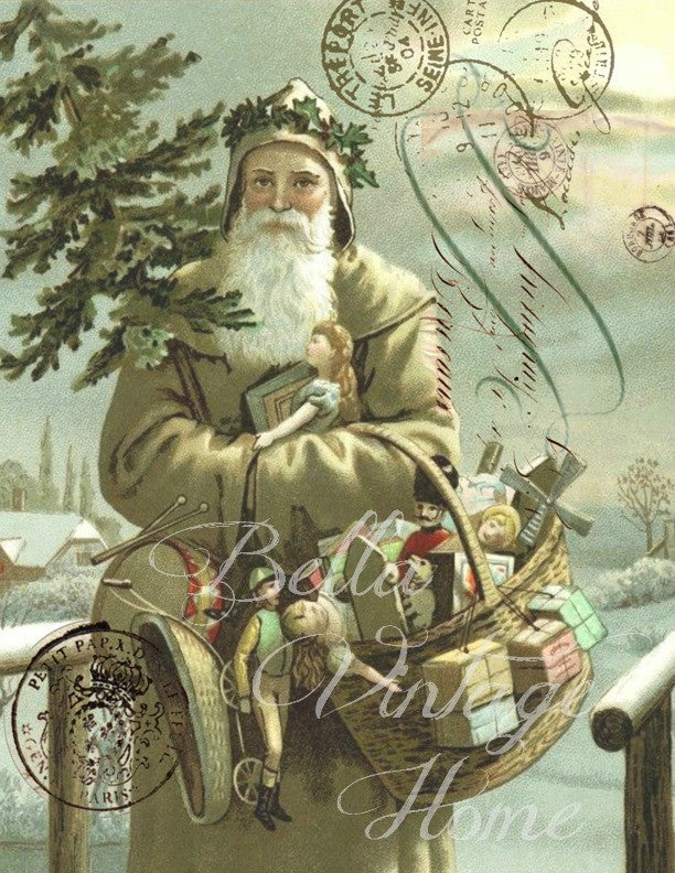 Vintage Art Collection Paper  Christmas  Woodland Taupe Santa Print,  Pillow, Note Cards, Tea Towel, Digital Download - BELLAVINTAGEHOME