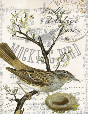 Botanical Brown Bird on Branch Print, Pillow, Note Cards, Tea Towel, Digital Download - BELLAVINTAGEHOME
