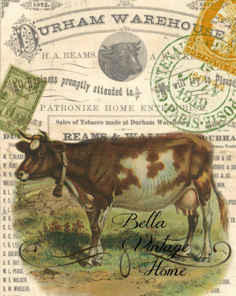 Brown Cow Print,  Pillow, Note Cards, Tea Towel, Digital Download - BELLAVINTAGEHOME