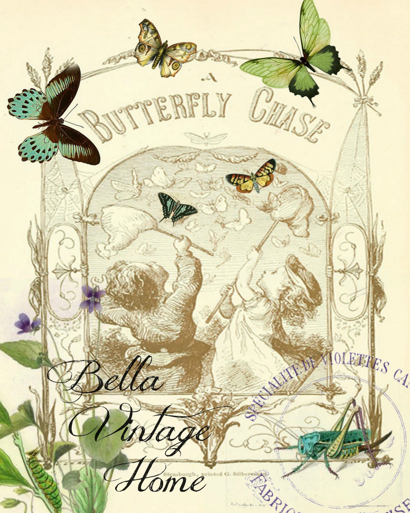 Butterfly Chase Print,  Pillow, Note Cards, Tea Towel, Digital Download - BELLAVINTAGEHOME